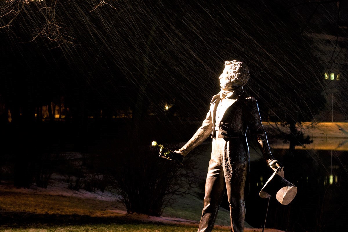 Pushkin Statue at Night in the Rain in Riga